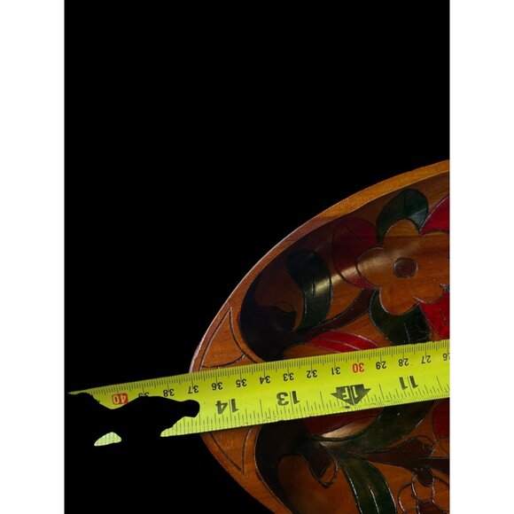 VTG MCM Hand-Carved Exotic Wood Divided Serving Bowl W/ Hand-Painted Floral Desi - Picture 12 of 13